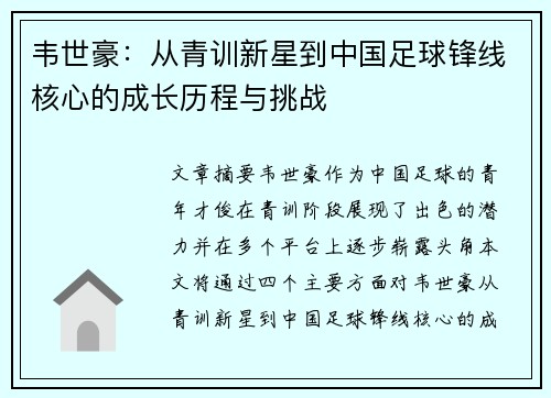 韦世豪：从青训新星到中国足球锋线核心的成长历程与挑战