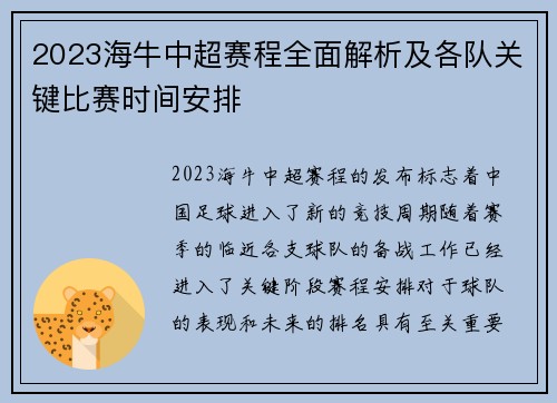 2023海牛中超赛程全面解析及各队关键比赛时间安排